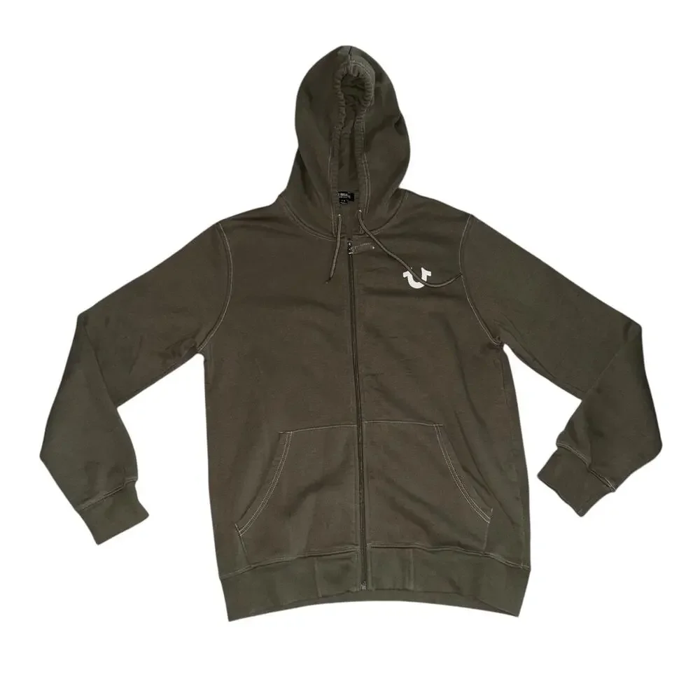 True Religion Budda Logo Seal Full Zip Hoodie Olive Green Stretch Size Large